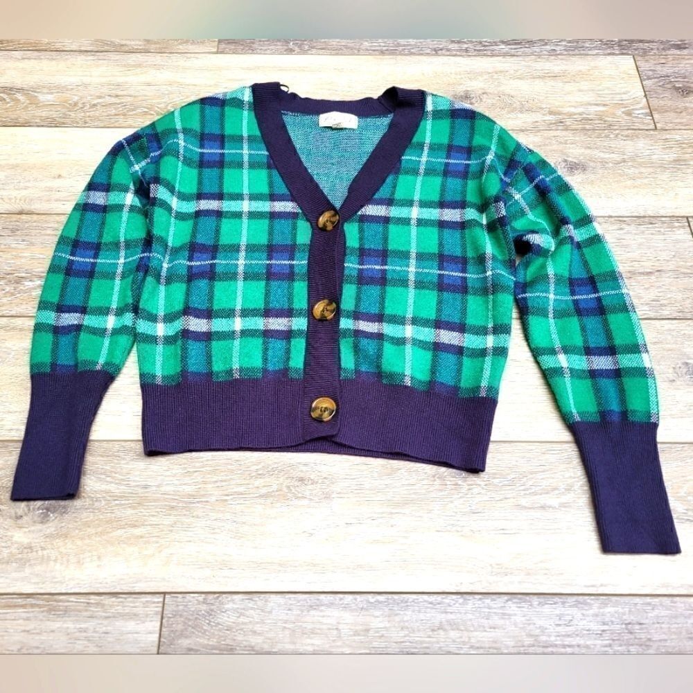 Marled Preppy Cardigan Classic Plaid Pattern Green/Navy Blue/White Size xs